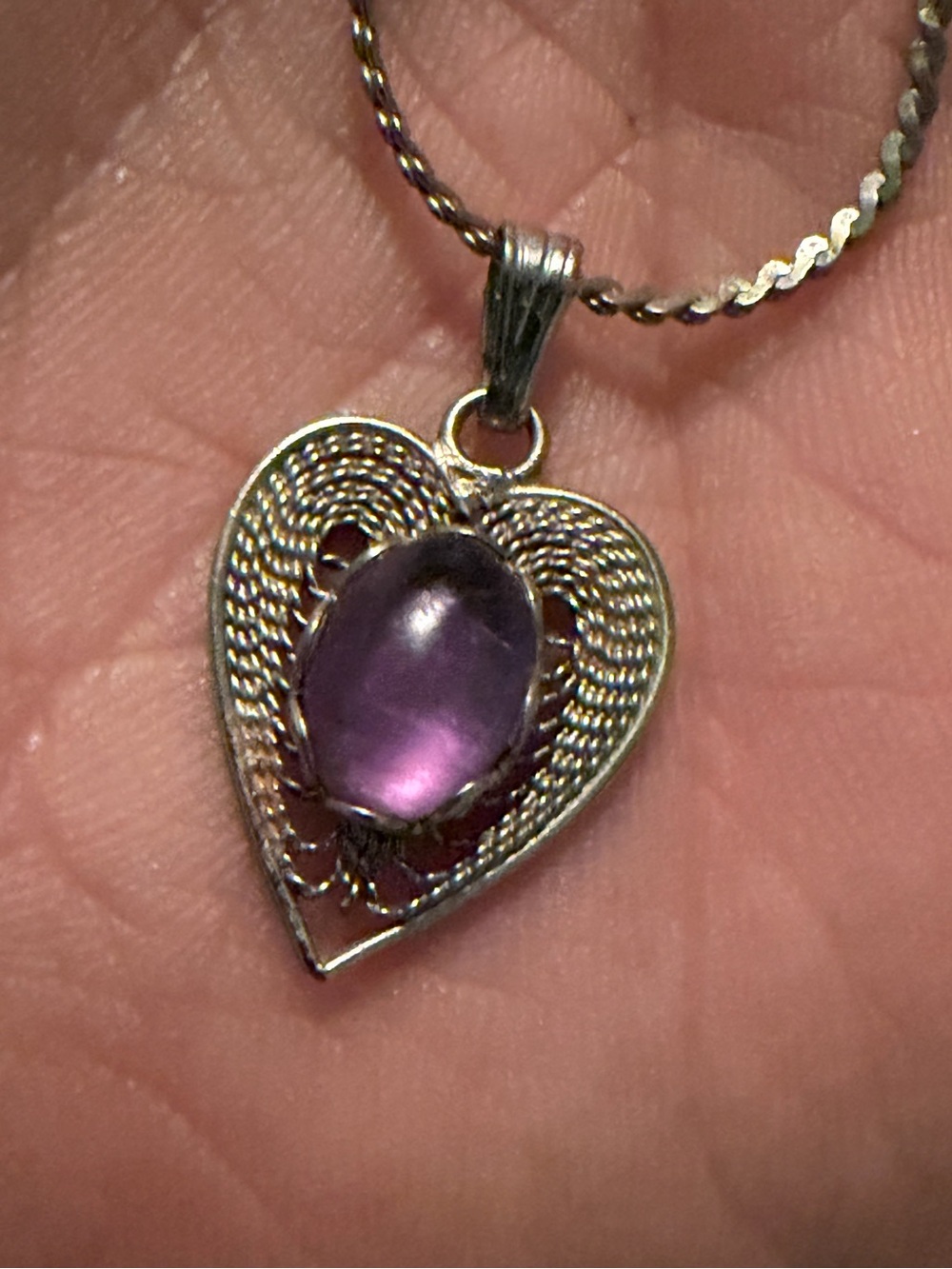 Vintage Silver Heart Necklace Pendant Y2K Dainty Purple Gem